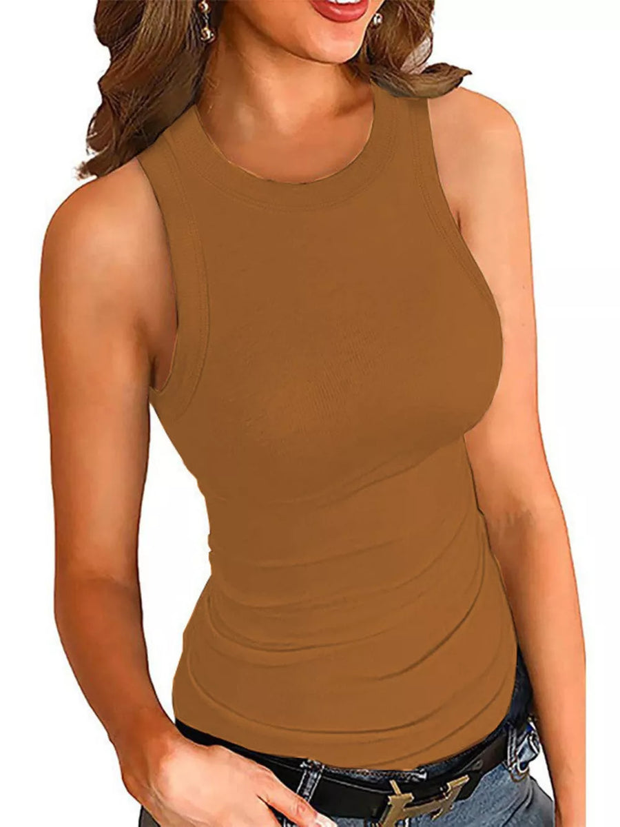 Ribbed fitted round neck tank top in brown with a comfortable, casual style.