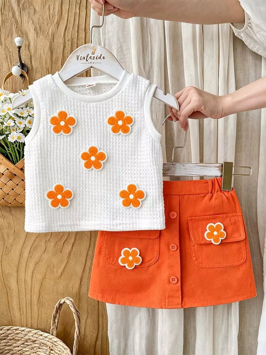 White with Children's Flower Sleeveless Top And Skirt Set in White