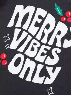 Black baby sleepwear set with white Merry Vibes Only text and holiday graphics.
