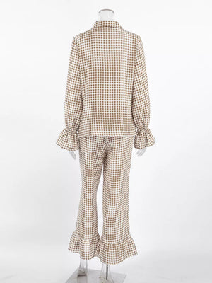 light brown pajama set with ruffled and long sleeve