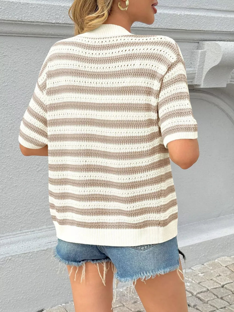 Cropped striped knit cardigan with short sleeves in Khaki Color.