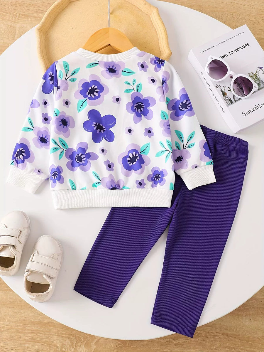 Baby girl's floral print top and purple ribbed pants set, crew neck, long sleeve.