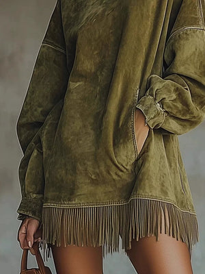 Dark Brown mini dress with fringe and long sleeve