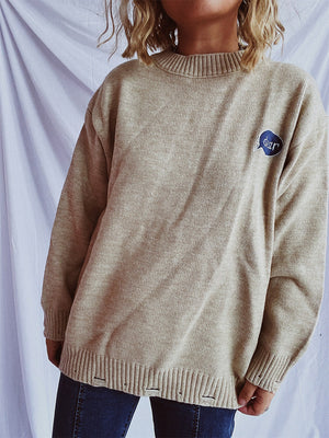 Embroidered character relaxed knit sweater in Dark Gray