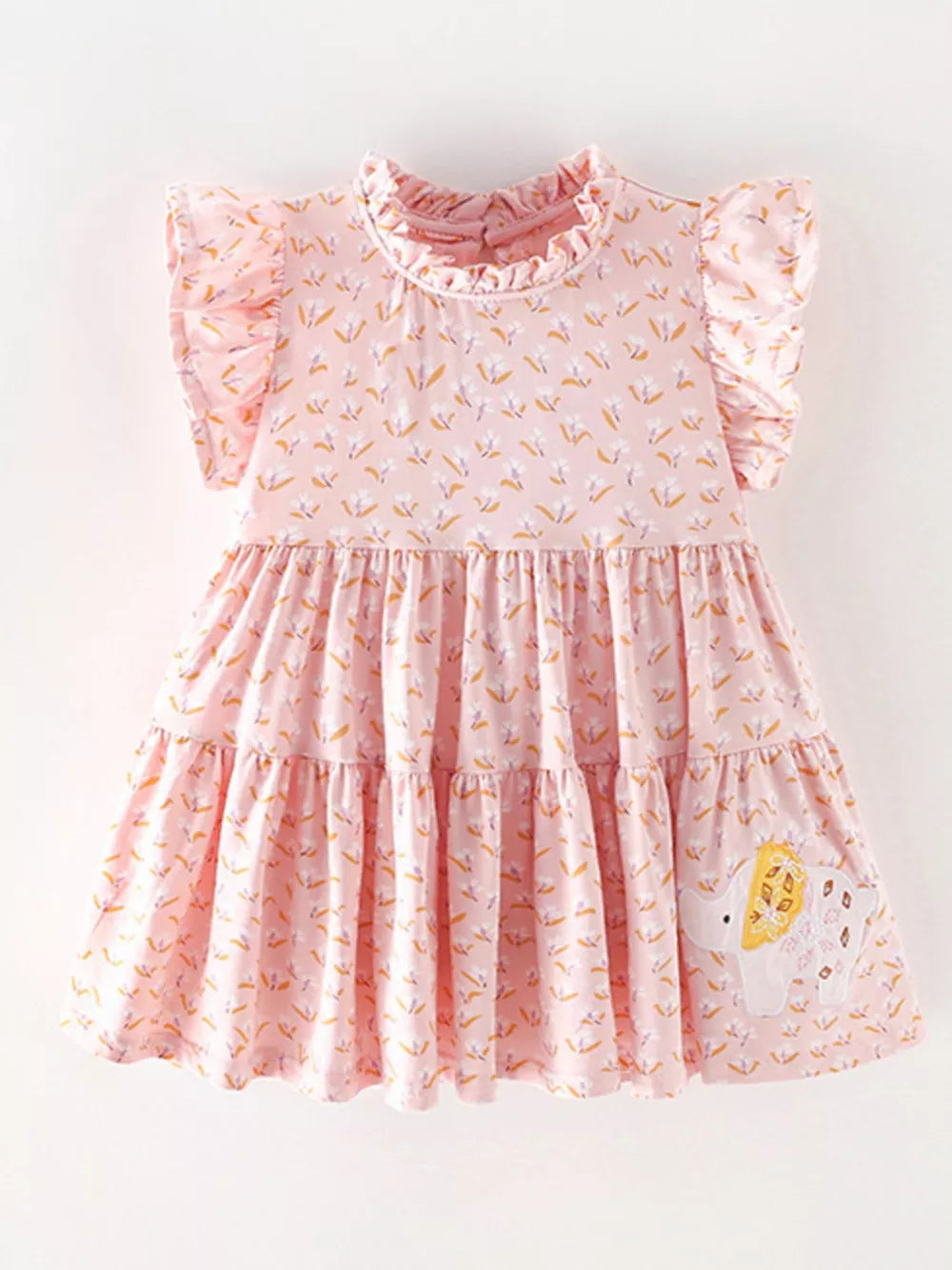 Baby dress with floral print, ruffle sleeves, tiered skirt and elephant applique.