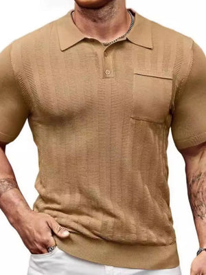 Caramel ribbed knit polo shirt with chest pocket and vertical stripe texture.