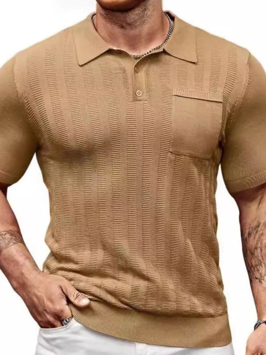 Caramel ribbed knit polo shirt with chest pocket and vertical stripe texture.