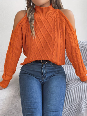 orange pullover sweater with cable knit and mock neck