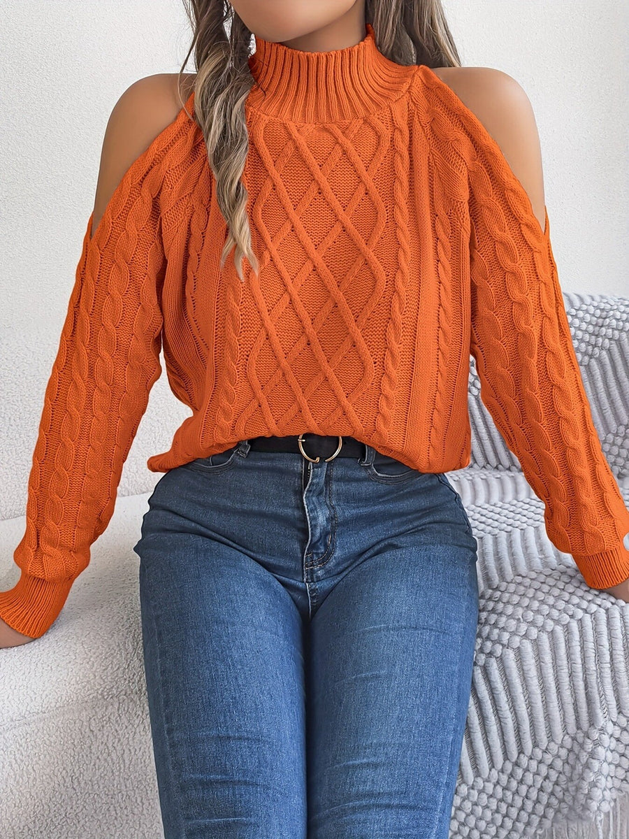 orange pullover sweater with cable knit and mock neck