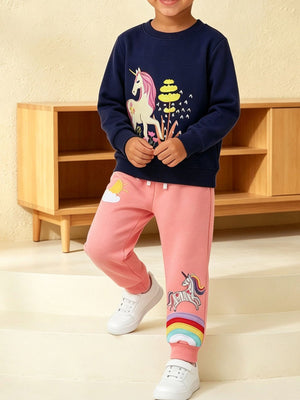 navy blue sweatshirt and joggers set with graphic-print and crew neck