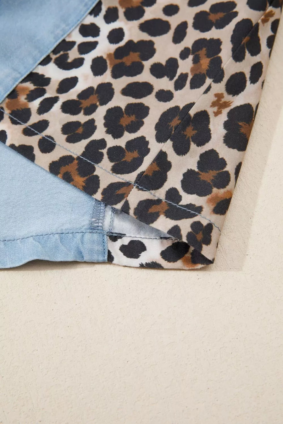 Denim shirt with leopard print panel and contrast stitching