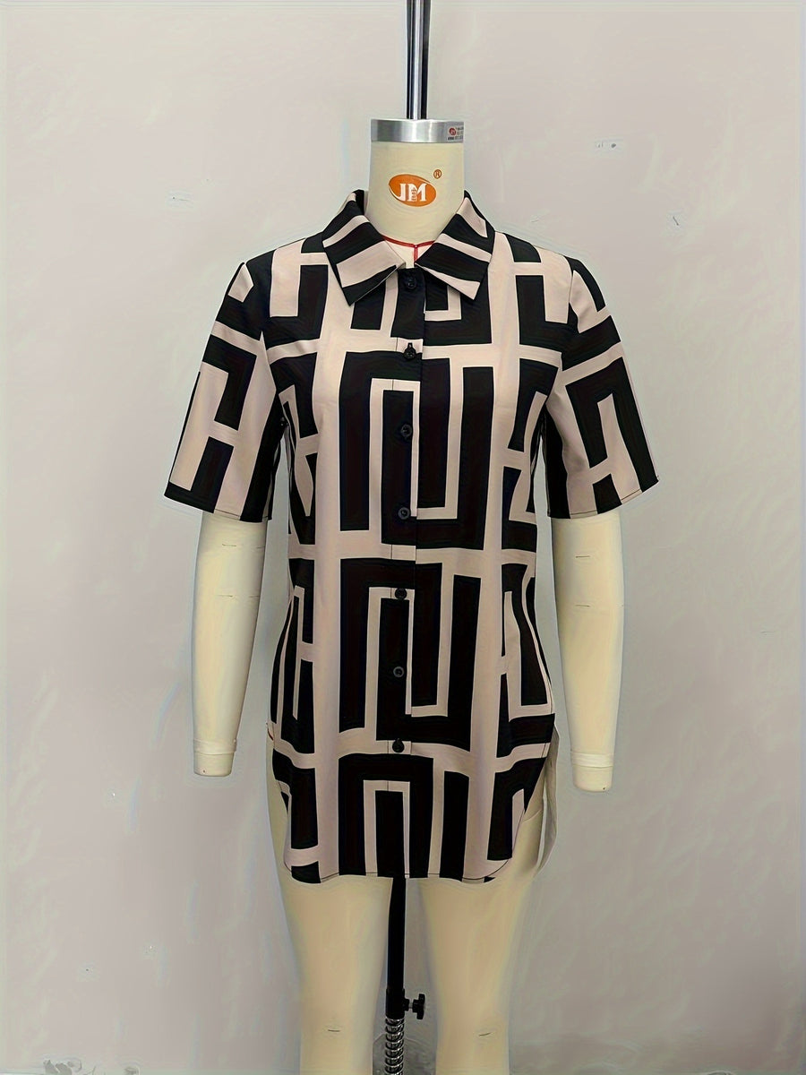 black button-down shirt with hip-length and button-front