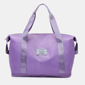 Plum purple nylon tote bag with dual handles and a central label.