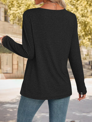 Dark Gray long sleeve t-shirt with lace trim cuffs and neckline detail.