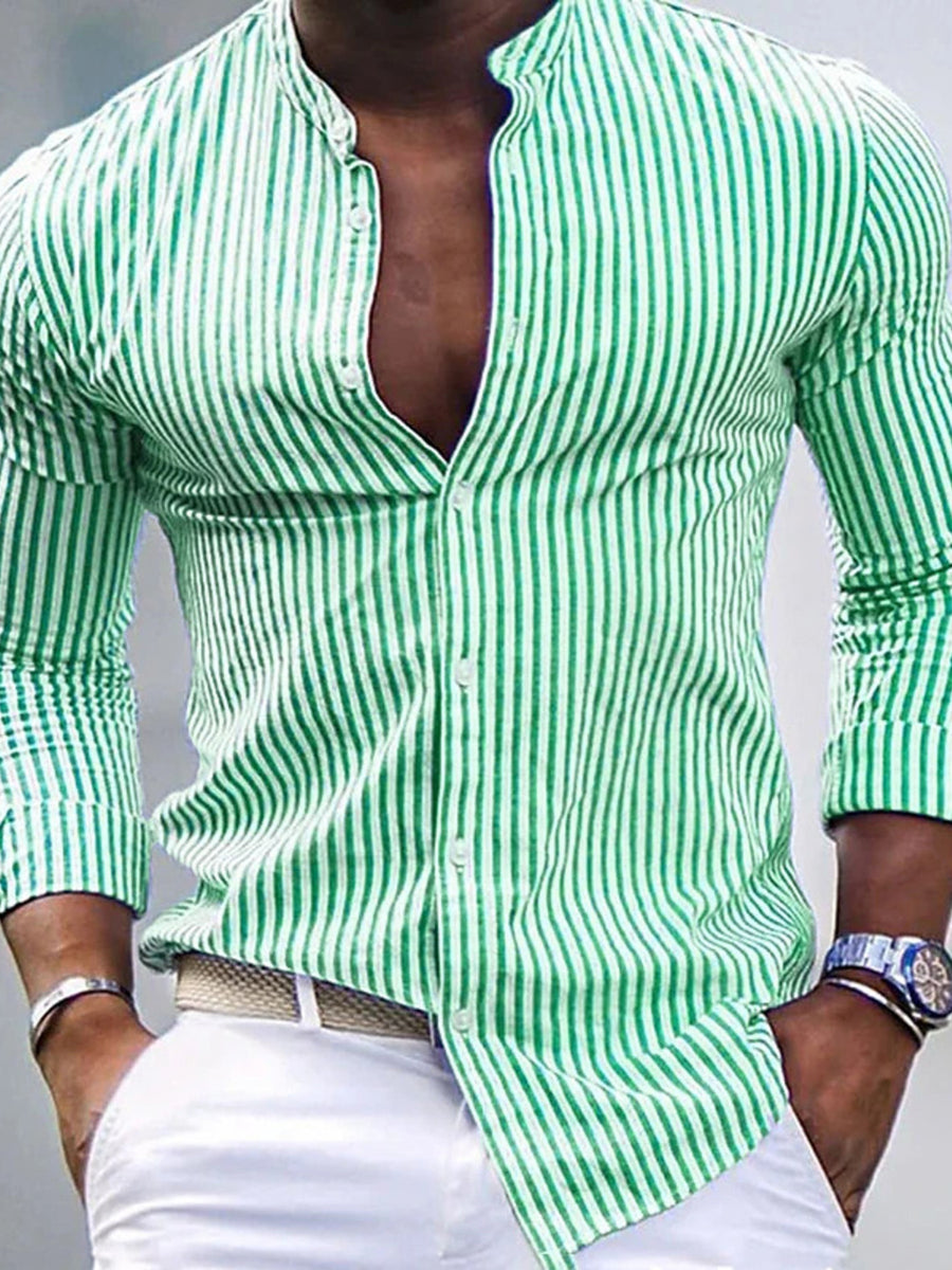 Men's green and white striped cotton button-up shirt with band collar