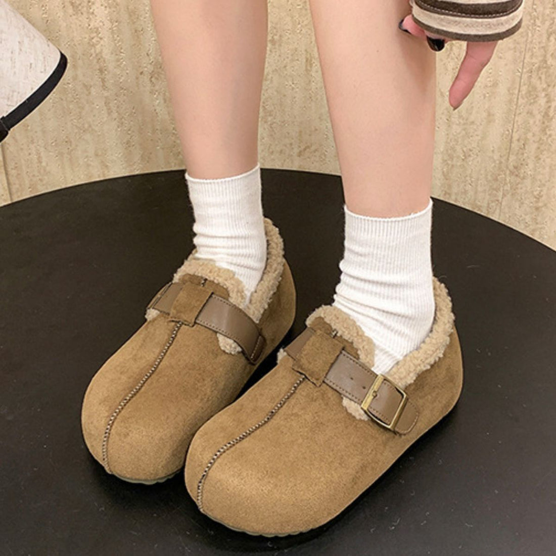 Buckle Round Toe Platform Slip-Ons in dark brown with round toe