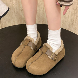 Buckle Round Toe Platform Slip-Ons in dark brown with round toe