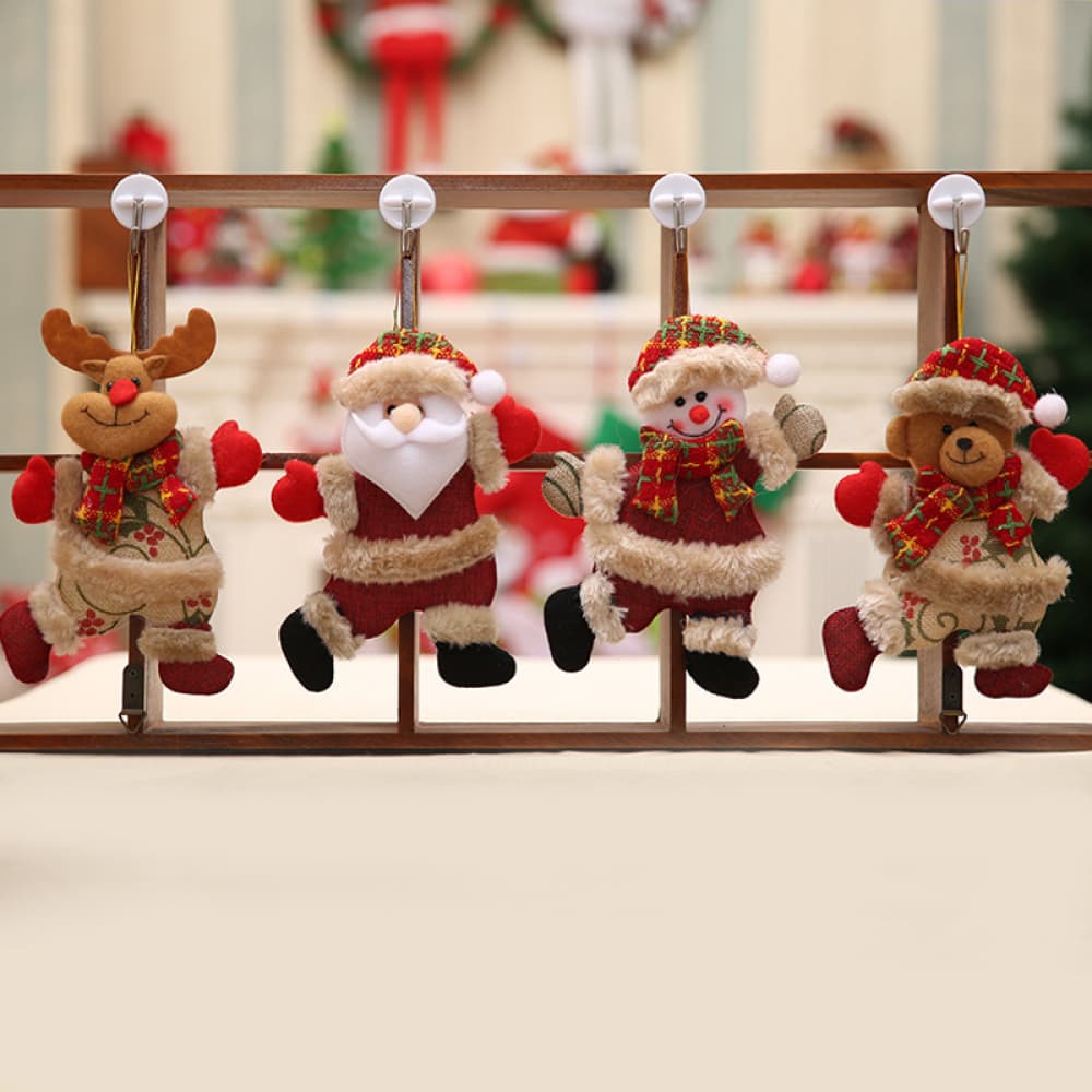 4-piece red holiday character ornaments: reindeer, Santa, snowman, bear.