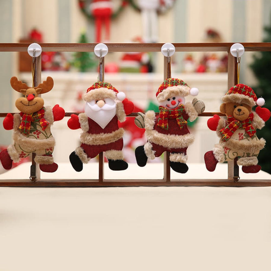 4-piece red holiday character ornaments: reindeer, Santa, snowman, bear.