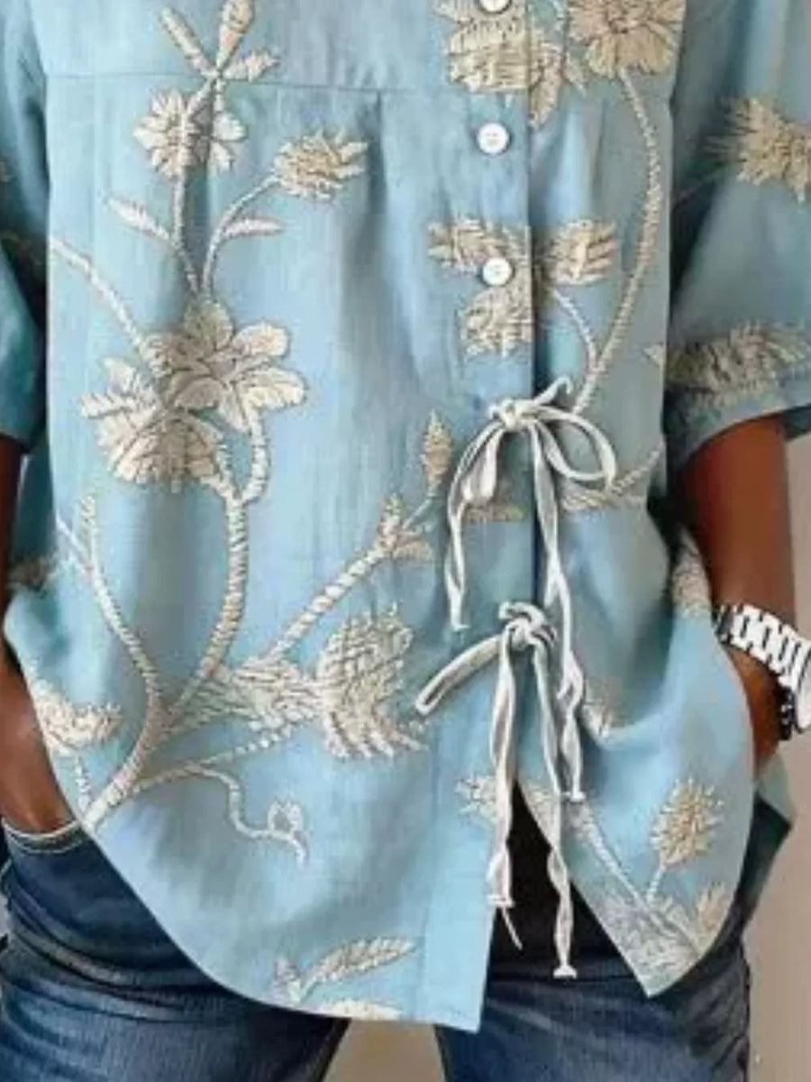 Green Embroidered Floral Tie Front Shirt Plus Size
