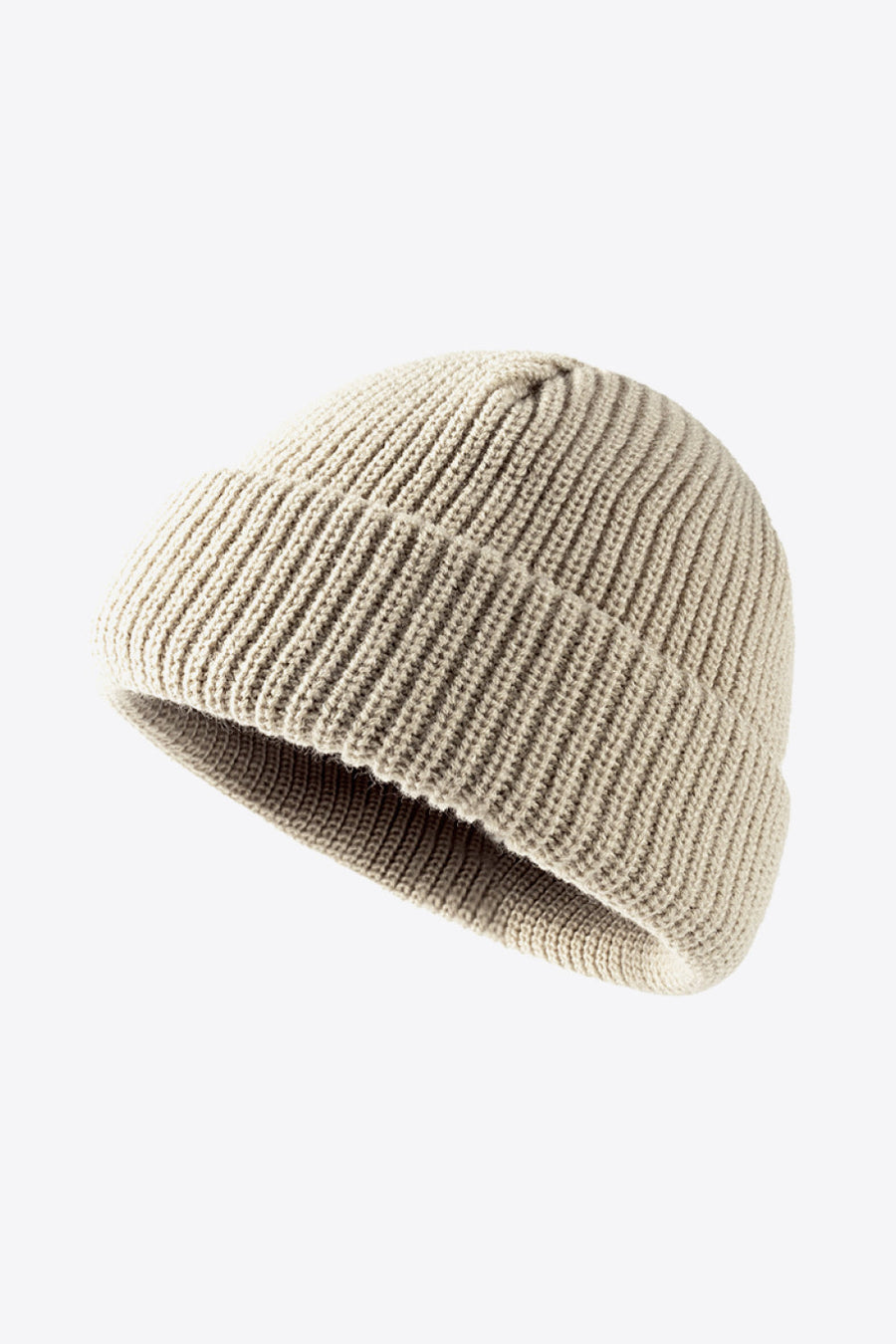Beige ribbed knit beanie with folded edge