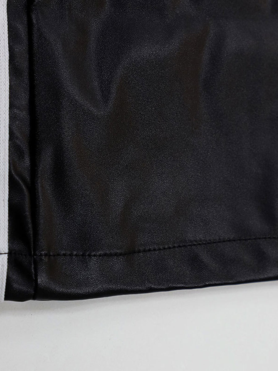 Black faux leather wide leg track pants with white side stripe detail.