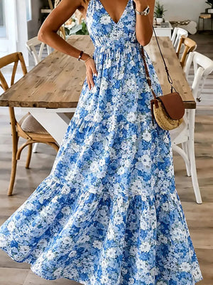 Sky Blue floral tiered maxi dress with spaghetti straps and a V-neck.
