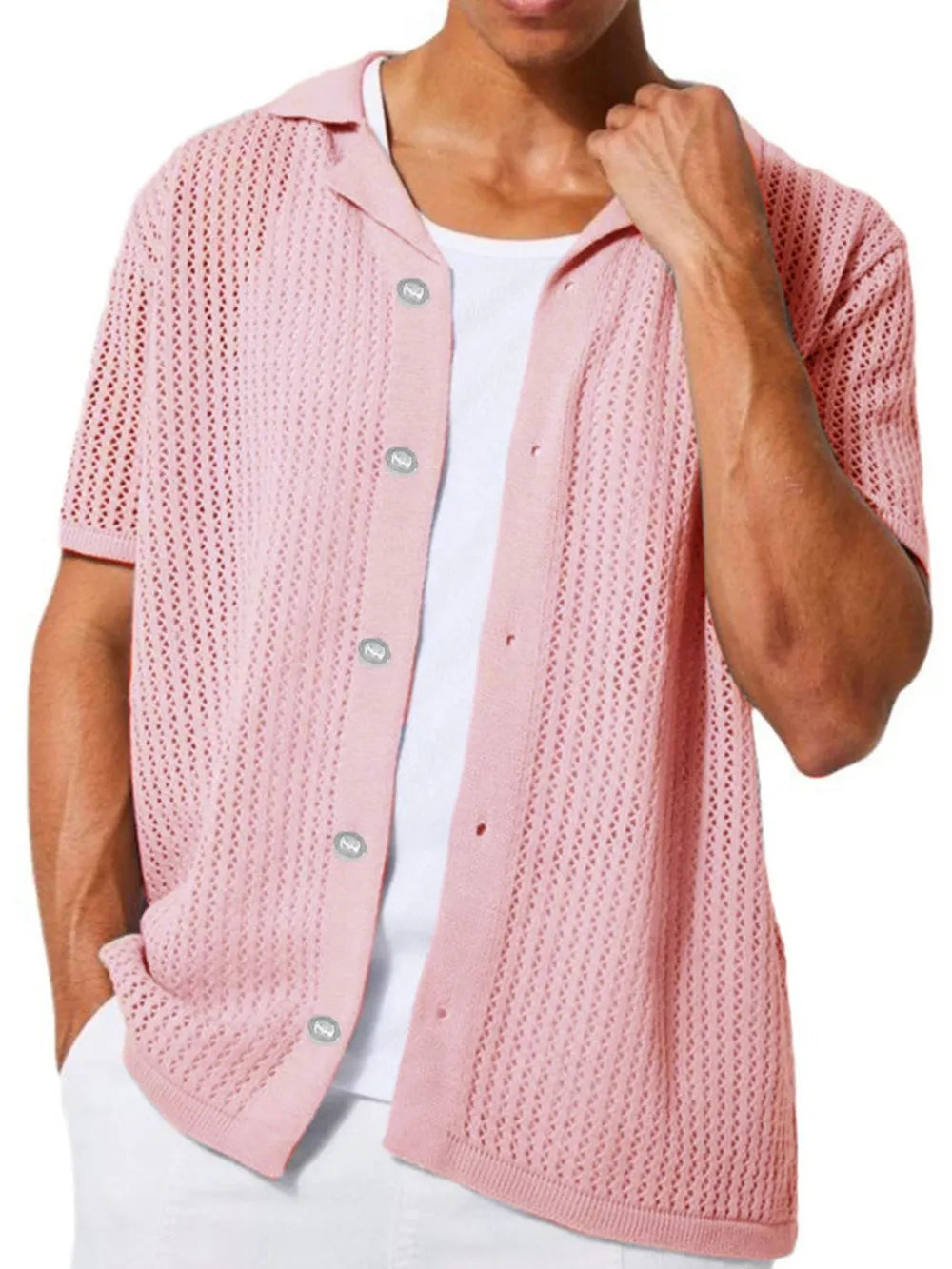 Open-knit resort shirt in Dusty Pink with short sleeves, spread collar, and button front.