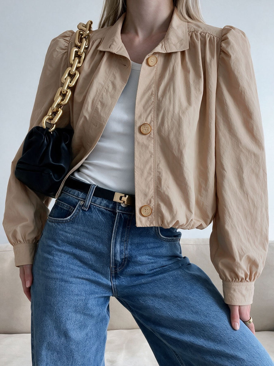 100% polyamide Care instructions: Machine wash cold jacket in Light Khaki Color with relaxed silhouette
