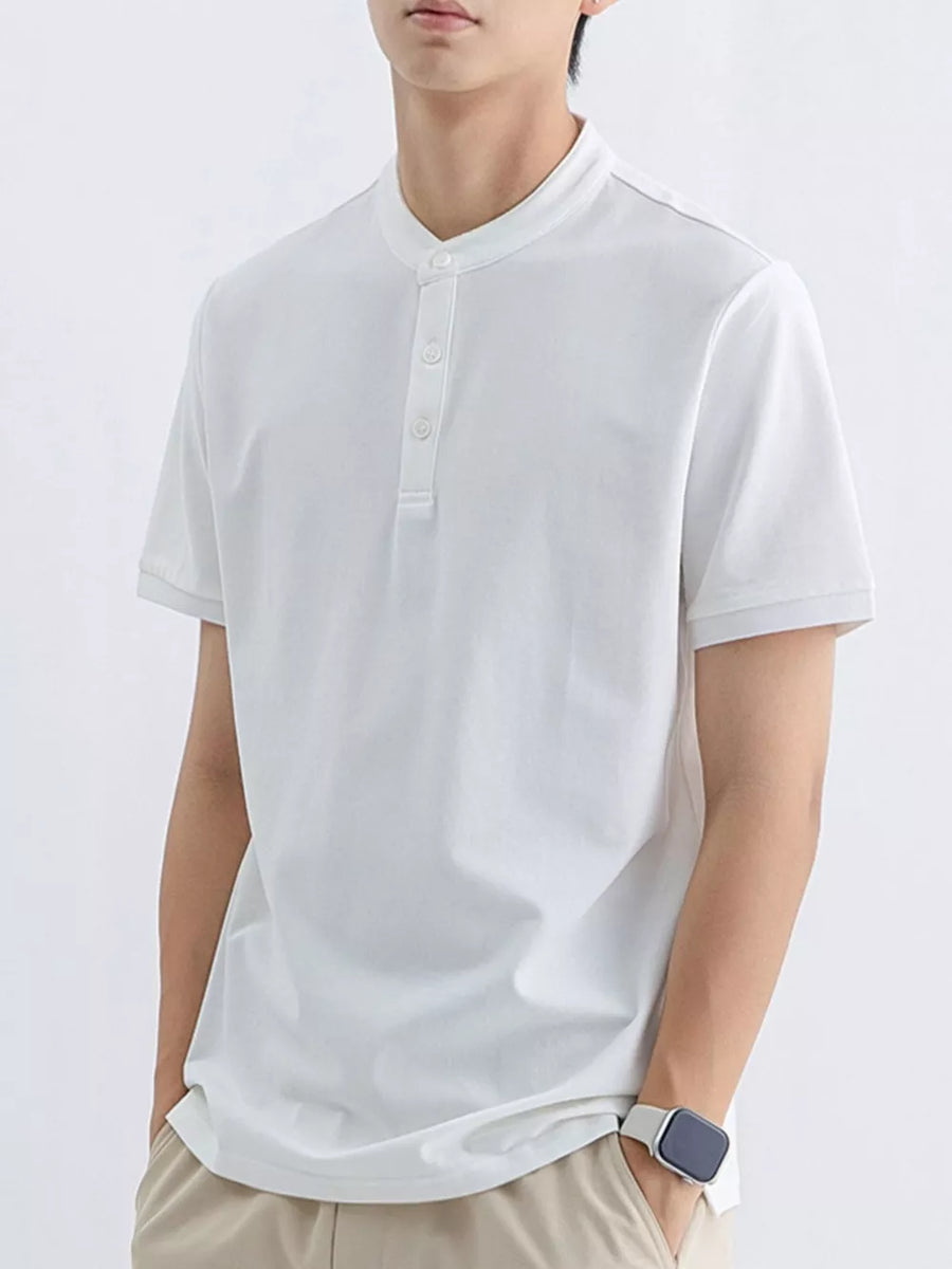 Men's white cotton t-shirt with mandarin collar and button placket.