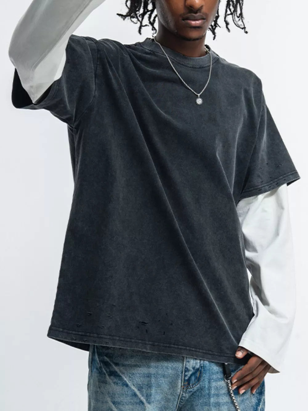 Men's black distressed fake two-piece long sleeve t-shirt with crew neck