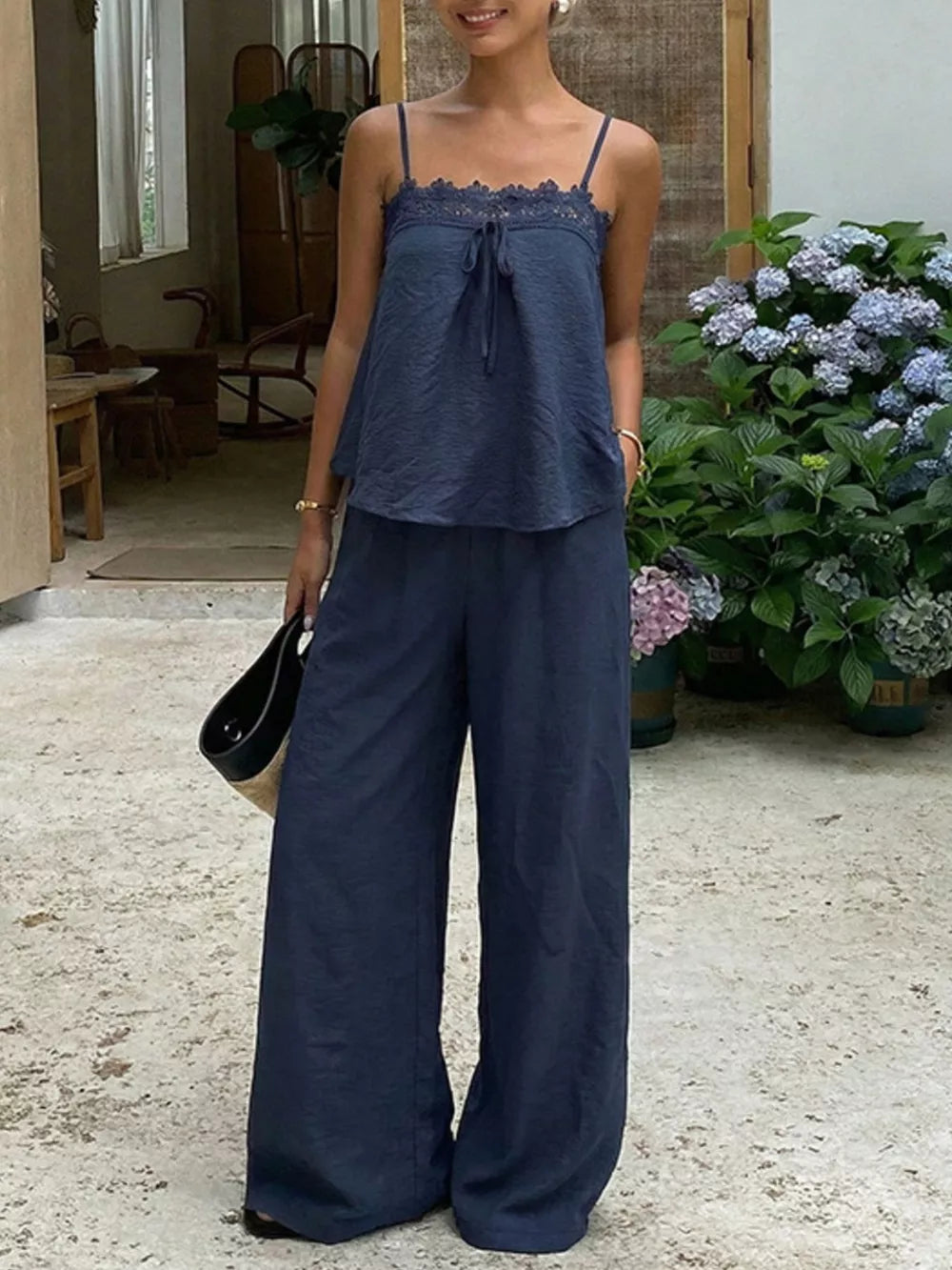 Navy blue lace trim cami with drawstring and wide leg pants set