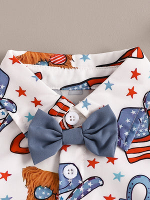 Toddler patriotic print shirt with attached blue bow tie and stars.