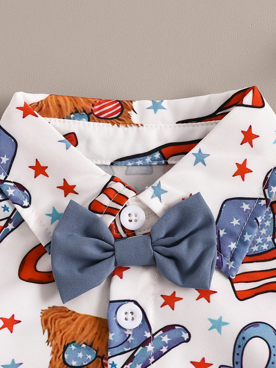Toddler patriotic print shirt with attached blue bow tie and stars.