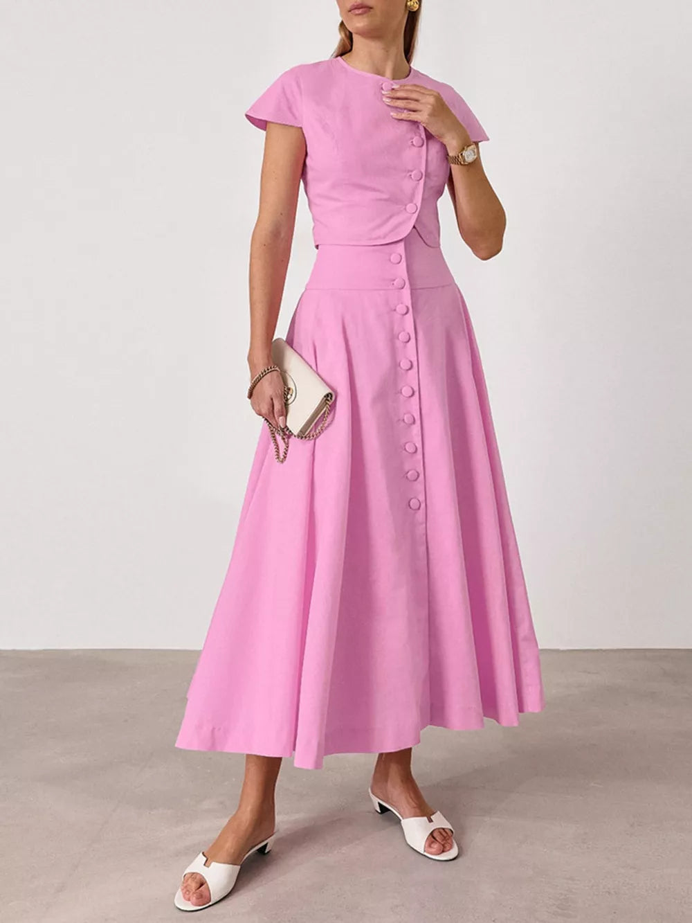 classic skirt set in Light Blue with round neck