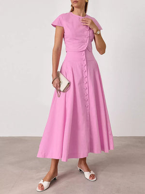 classic skirt set in Light Blue with round neck