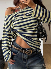 navy blue t-shirt with striped and boat neck