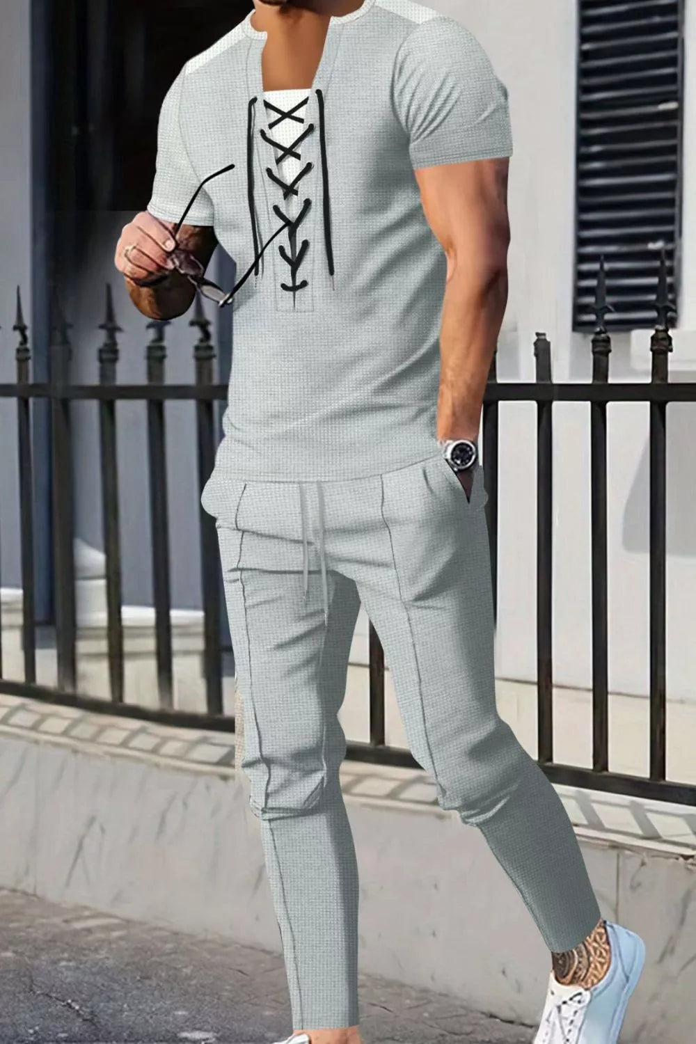Men's Full Size Lace-up Front Top And Pants Set in Dark Green