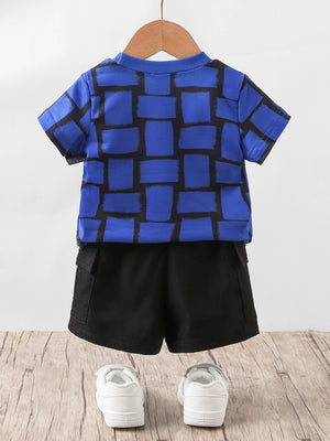 Childrens blue graphic tee with abstract block pattern and black cargo shorts set