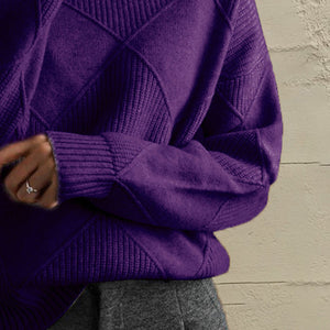 Deep Purple textured diamond knit turtleneck pullover sweater with ribbed cuffs.
