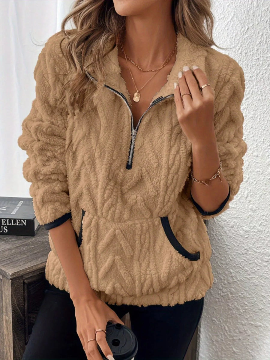 Cozy Khaki Sherpa Half Zip Sweatshirt with textured fleece and contrast trim pockets.