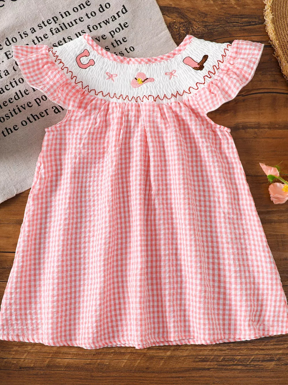 Pink Children's Smocked Plaid Ruffle Sleeve Dress