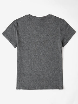 Gray crewneck t-shirt with short sleeves and a textured sequin finish.