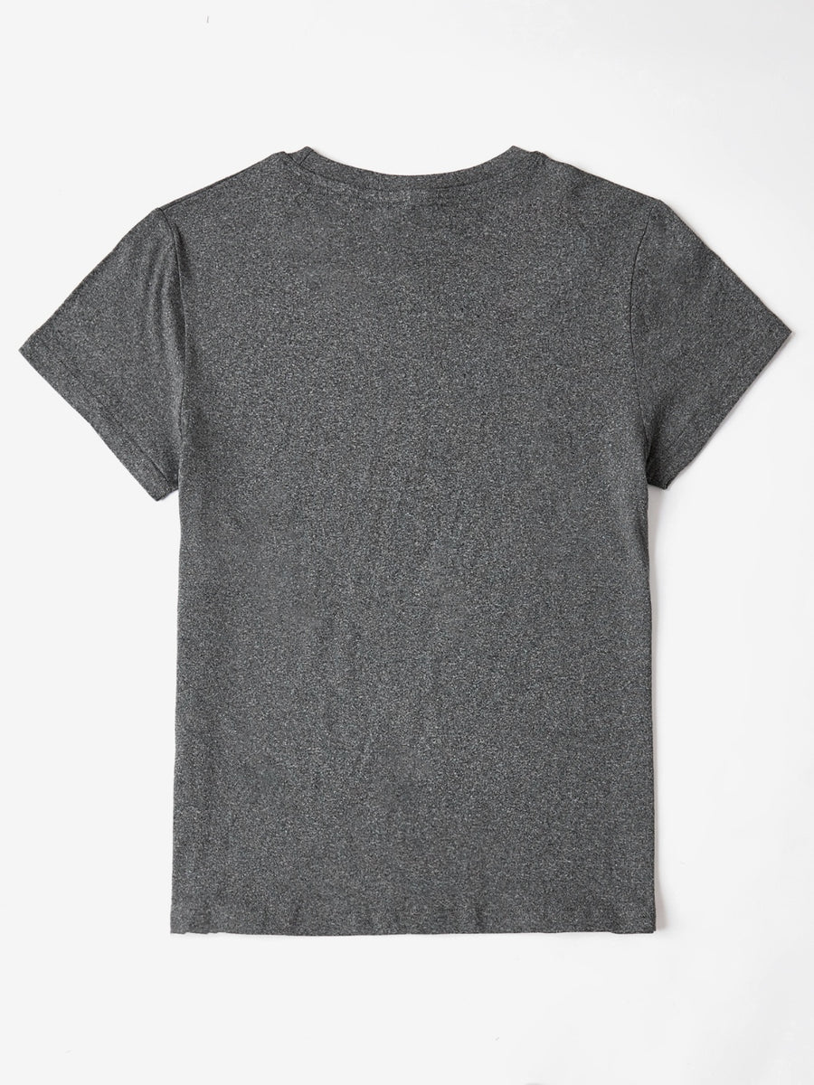 Gray crewneck t-shirt with short sleeves and a textured sequin finish.