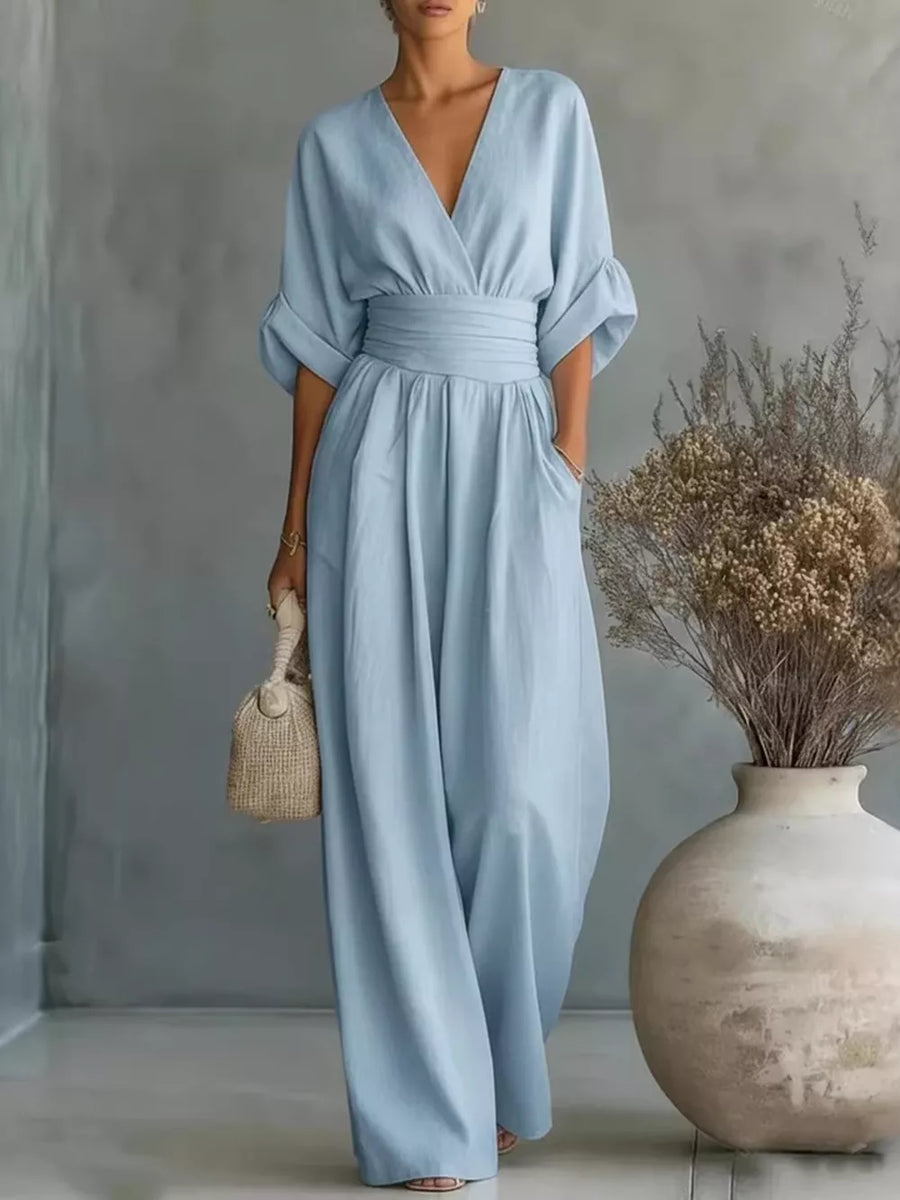 Yellow Full Size Half Sleeve Wide Leg Jumpsuit