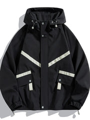 Black hooded jacket with white stripe accents and flap pockets
