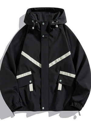 Black hooded jacket with white stripe accents and flap pockets