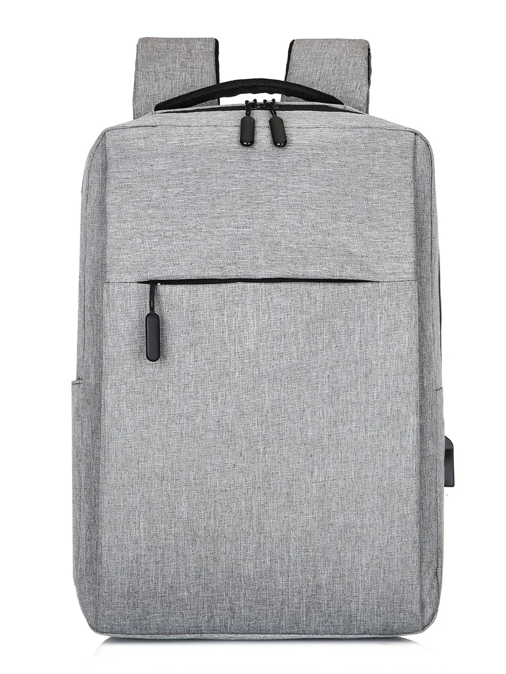 Light gray canvas school backpack with textured finish and dual zippers.