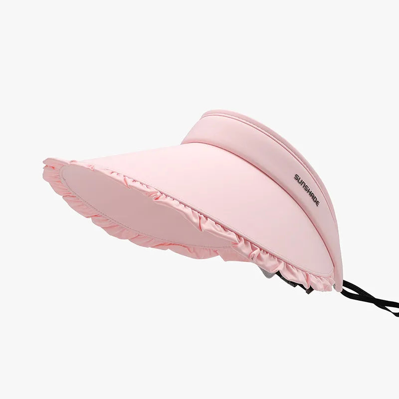 Blush pink ruffled visor with adjustable drawcord and sunshade logo