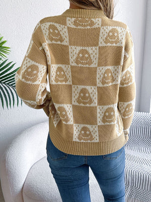 pullover sweater in camel with checkerboard and stretch
